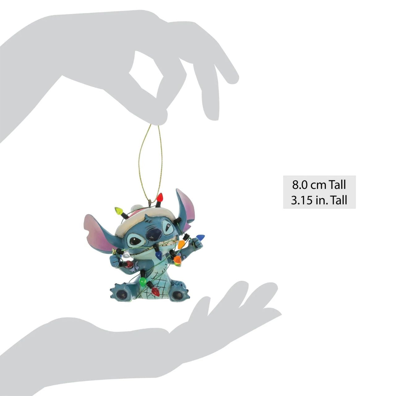 Stitch is getting into the Christmas spirit and also into a little bit of a mess. Wrapped in his Christmas lights, Stitch is a great hanging ornament for your Christmas tree.
