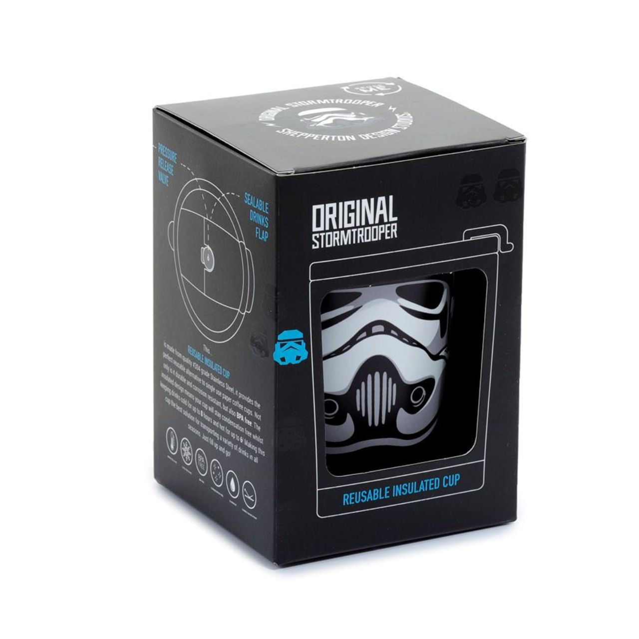 The Original Stormtrooper Hot & Cold Insulated Cup 300ml   Insulated design suitable for hot and cold drinks. Thermal design keeps liquids cold for up to 8 hours or warm for up to 6 hours. The lid has a steam release valve in the centre and a secure flip up cover over the drinking hole.