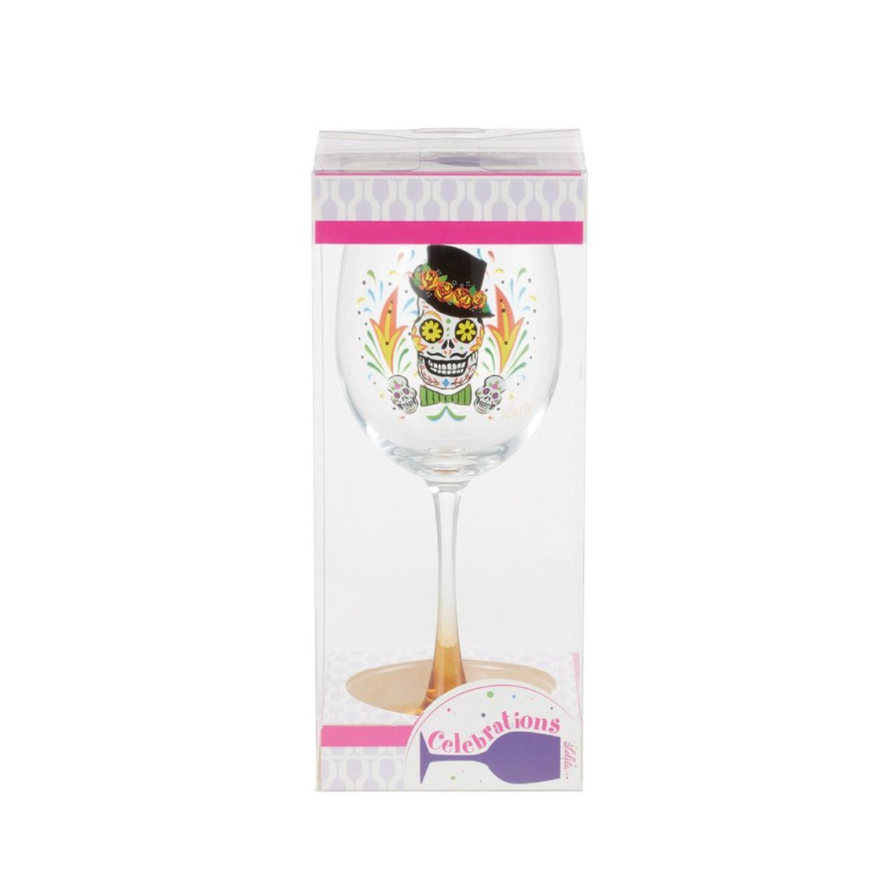 Toast to the dead with a Celebrations by Lolita glass, featuring a transparent gradient effect and a sugar skull decal. Featuring a fantastically painted sugar skull wearing a top hat fitted with flowers, this Day of the Dead glass celebrates in style. This Lolita glass comes in an acetate gift box.