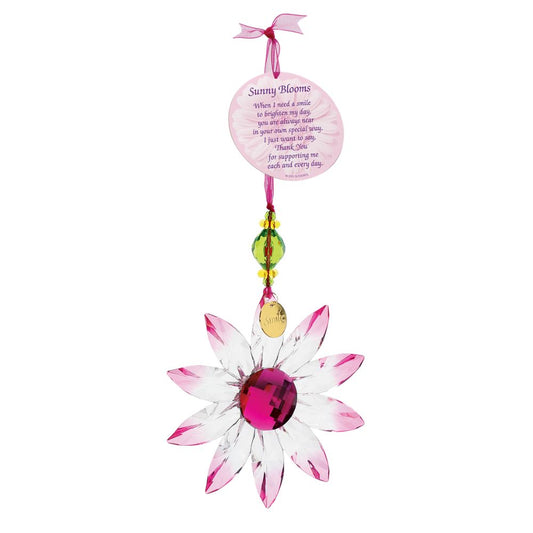 Suncatcher Acrylic Daisy Hanging Ornament Pink  Hung on a colour matching organza ribbon, this colourful Daisy is the perfect gift for a loved one. Comes with a poem tag and token attached. Can be displayed with others from the acrylic collection.