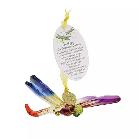 Suncatcher Dragonfly Hanging Ornament Blue with Charm and Poem  Live Happy, The Dragonfly's Promise. The Dragonfly is Mystical and Magical. Two sets of wings let angels ride to bring you good luck and joy. Unleash their powers with a positive attitude, and an open heart. 