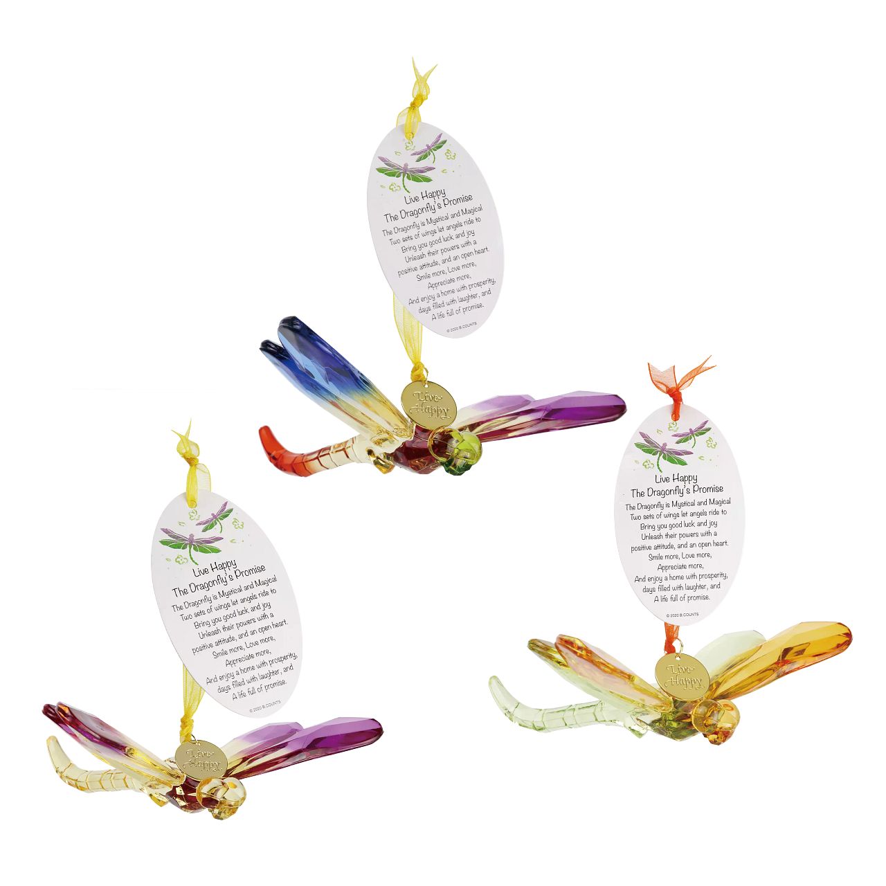Suncatcher Dragonfly Hanging Ornament Orange with Charm and Poem  Live Happy, The Dragonfly's Promise. The Dragonfly is Mystical and Magical. Two sets of wings let angels ride to bring you good luck and joy. Unleash their powers with a positive attitude, and an open heart.