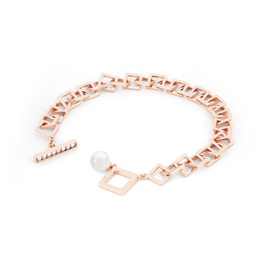 T-Bar Square Chain Bracelet Rose Gold by Tipperary  A very unique design put together by our designers, the chain is made up of squares and finshed at one end with a Stunning pearl and the other with a crystal inlaid bar. This bracelet has it all!