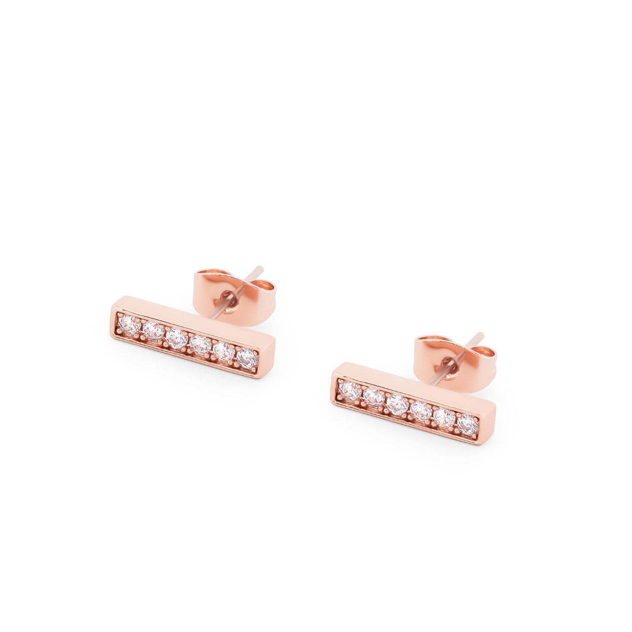 T-Bar Stud Earrings Rose Gold Set With CZ by Tipperary  These exquisite Tipperary T-Bar Stud Earrings are crafted from rose gold and set with twinkling Cubic Zirconias. These timeless pieces will add a touch of elegance to any outfit.