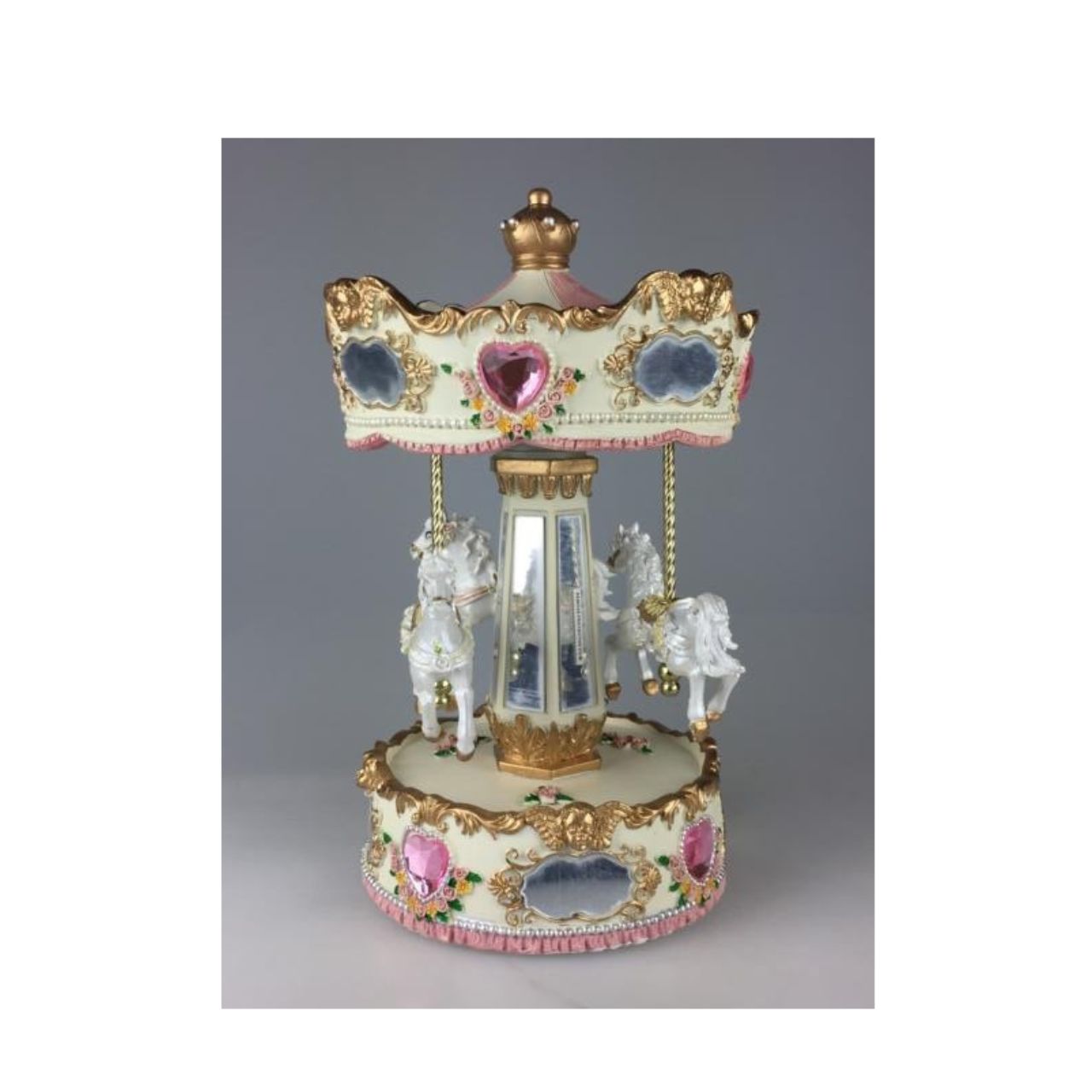 Musicboxworld Carousel Roses & Cream A charming poly stone carousel that rotates gracefully to the enchanting melody of "For Elise". Perfect as a decorative music box or thoughtful gift for music lovers and carousel enthusiasts alike.