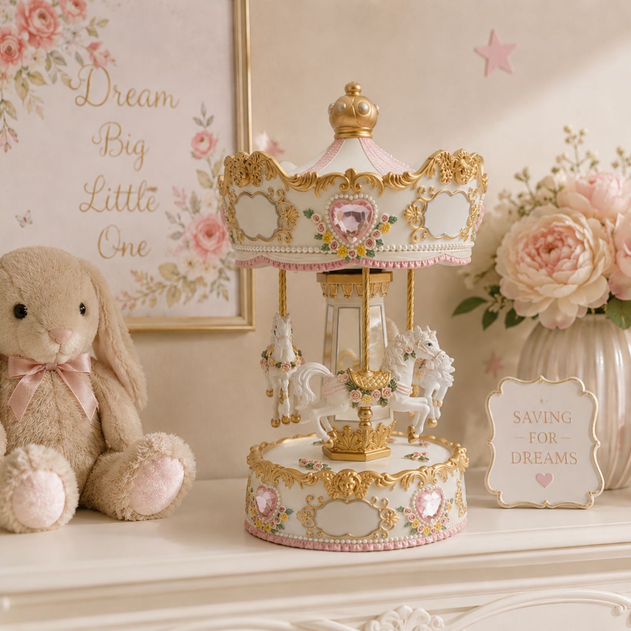 Musicboxworld Carousel Roses & Cream A charming poly stone carousel that rotates gracefully to the enchanting melody of "For Elise". Perfect as a decorative music box or thoughtful gift for music lovers and carousel enthusiasts alike.