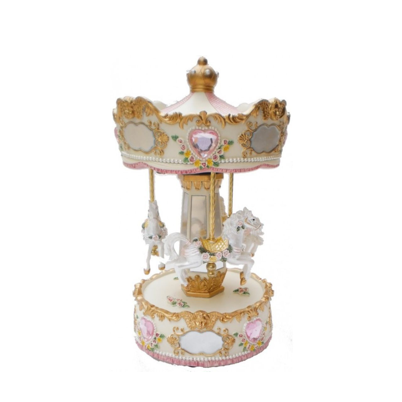 Musicboxworld Carousel Roses & Cream A charming poly stone carousel that rotates gracefully to the enchanting melody of "For Elise". Perfect as a decorative music box or thoughtful gift for music lovers and carousel enthusiasts alike.