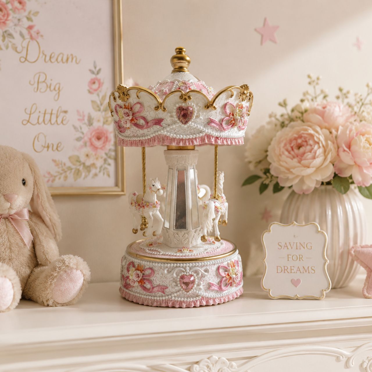 White and rose coloured Carousel turns to a welknow melody.