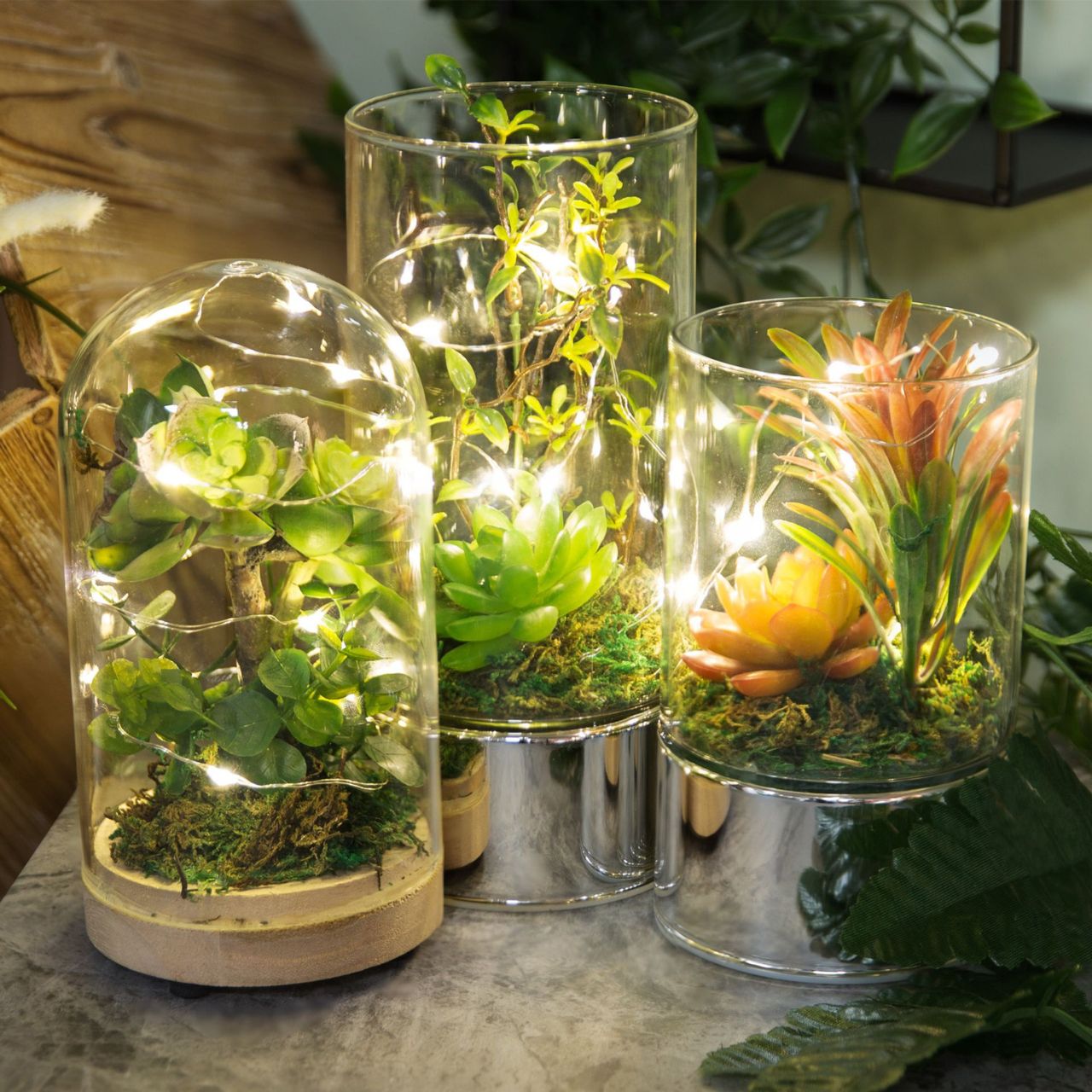 Terrarium with Artificial Succulents & Glass Tube LEDs 15 cm  A beautiful glass terrarium LED light with green artificial succulents. From the Retreat collection by HESTIA - create a haven of soothing minimalism at home.