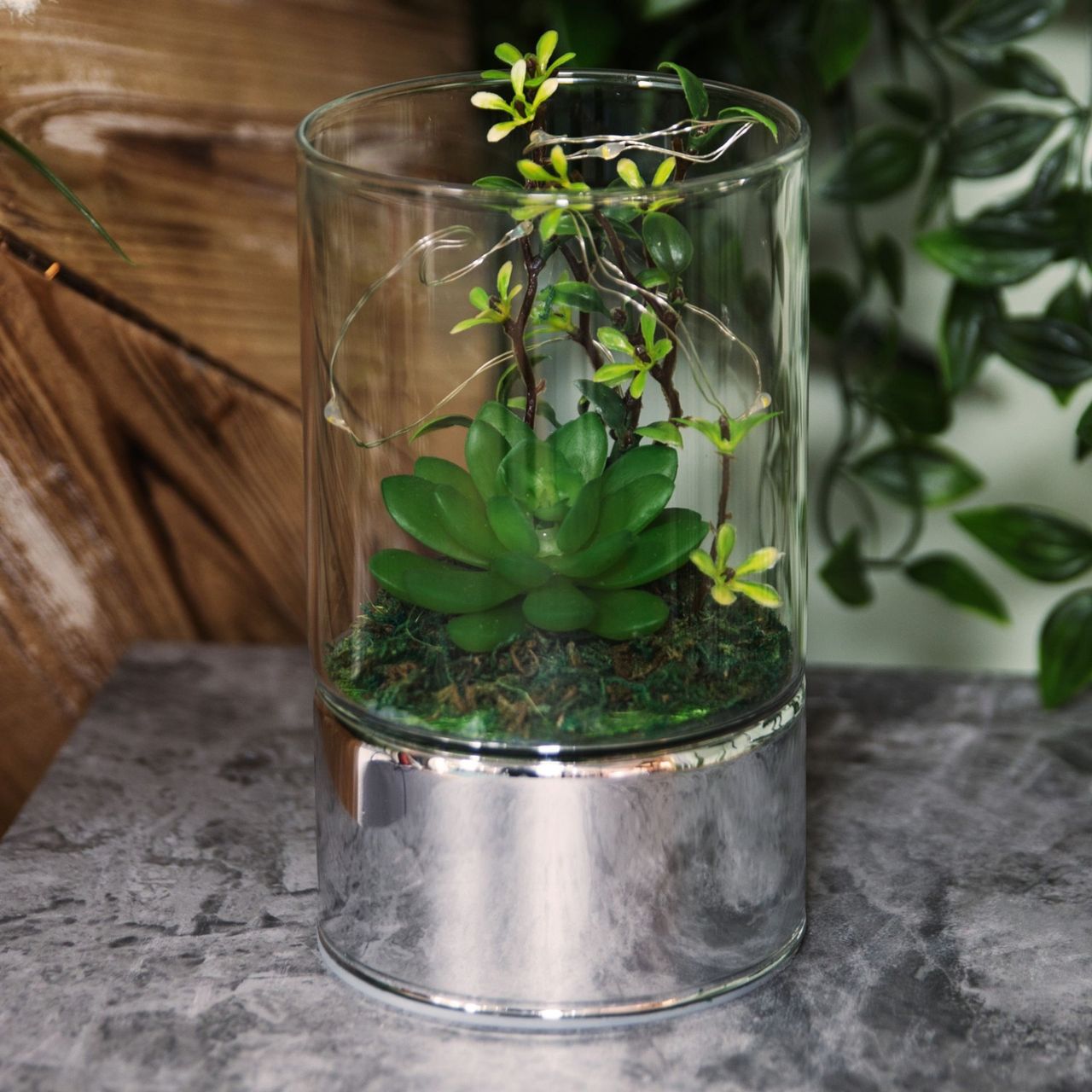 Terrarium with Artificial Succulents & Glass Tube LEDs 15 cm  A beautiful glass terrarium LED light with green artificial succulents. From the Retreat collection by HESTIA - create a haven of soothing minimalism at home.