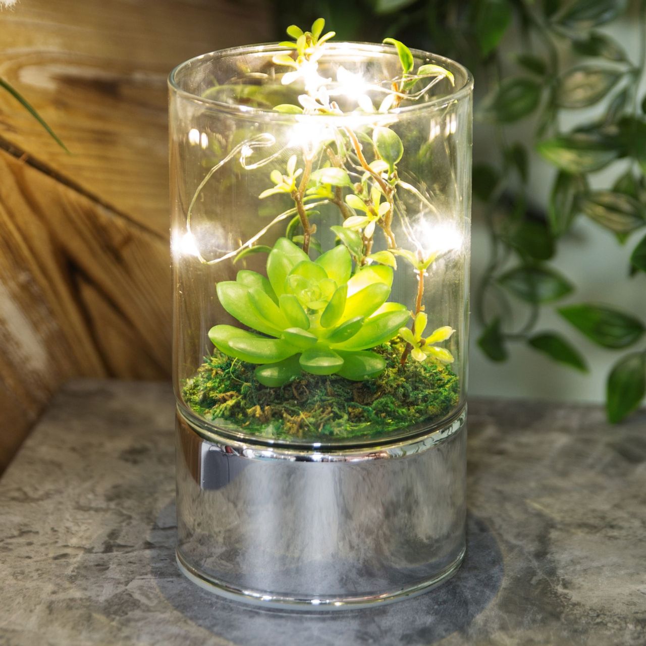 Terrarium with Artificial Succulents & Glass Tube LEDs 15 cm  A beautiful glass terrarium LED light with green artificial succulents. From the Retreat collection by HESTIA - create a haven of soothing minimalism at home.
