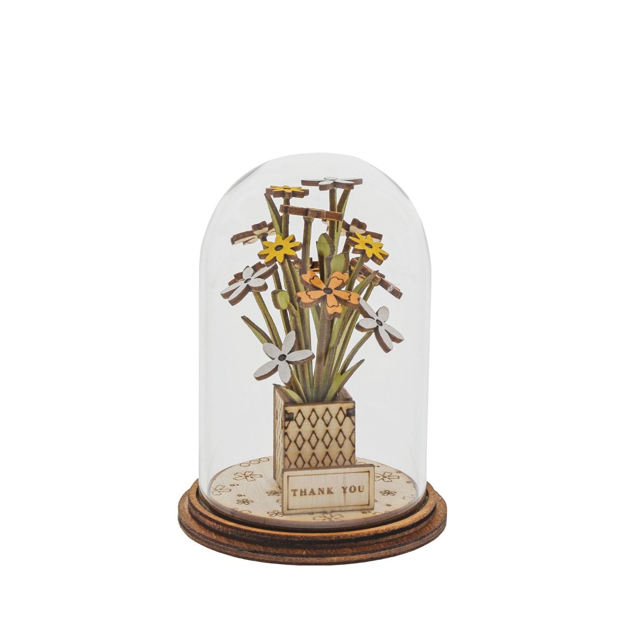 Say Thank You with this beautiful floral gift. This eco-friendly glass dome decoration encases a bunch of stunning yellow and white flowers, adorned with a Thank You plaque.
