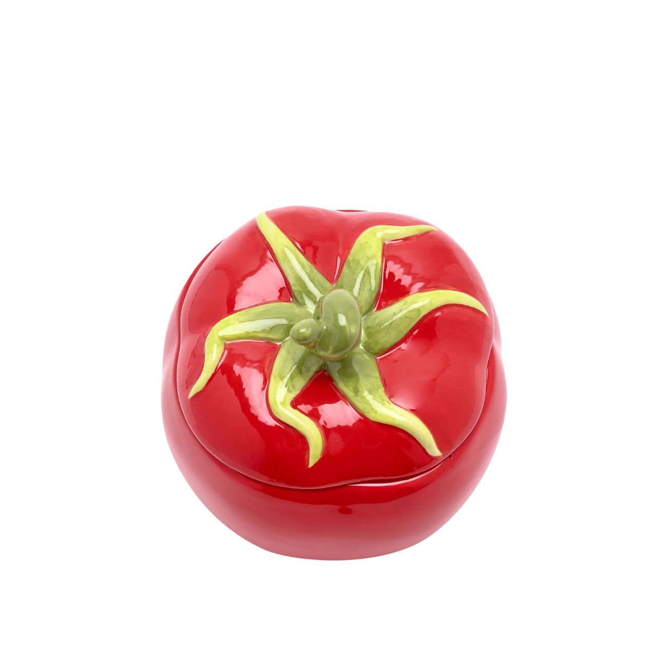 This tomato-shaped ceramic jar, vibrant red with a whimsical green stem, instantly adds a pop of colour and fun to any room. Ideal for storing small items, making it both functional and decorative.