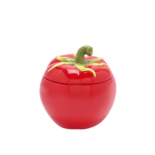 This tomato-shaped ceramic jar, vibrant red with a whimsical green stem, instantly adds a pop of colour and fun to any room. Ideal for storing small items, making it both functional and decorative.