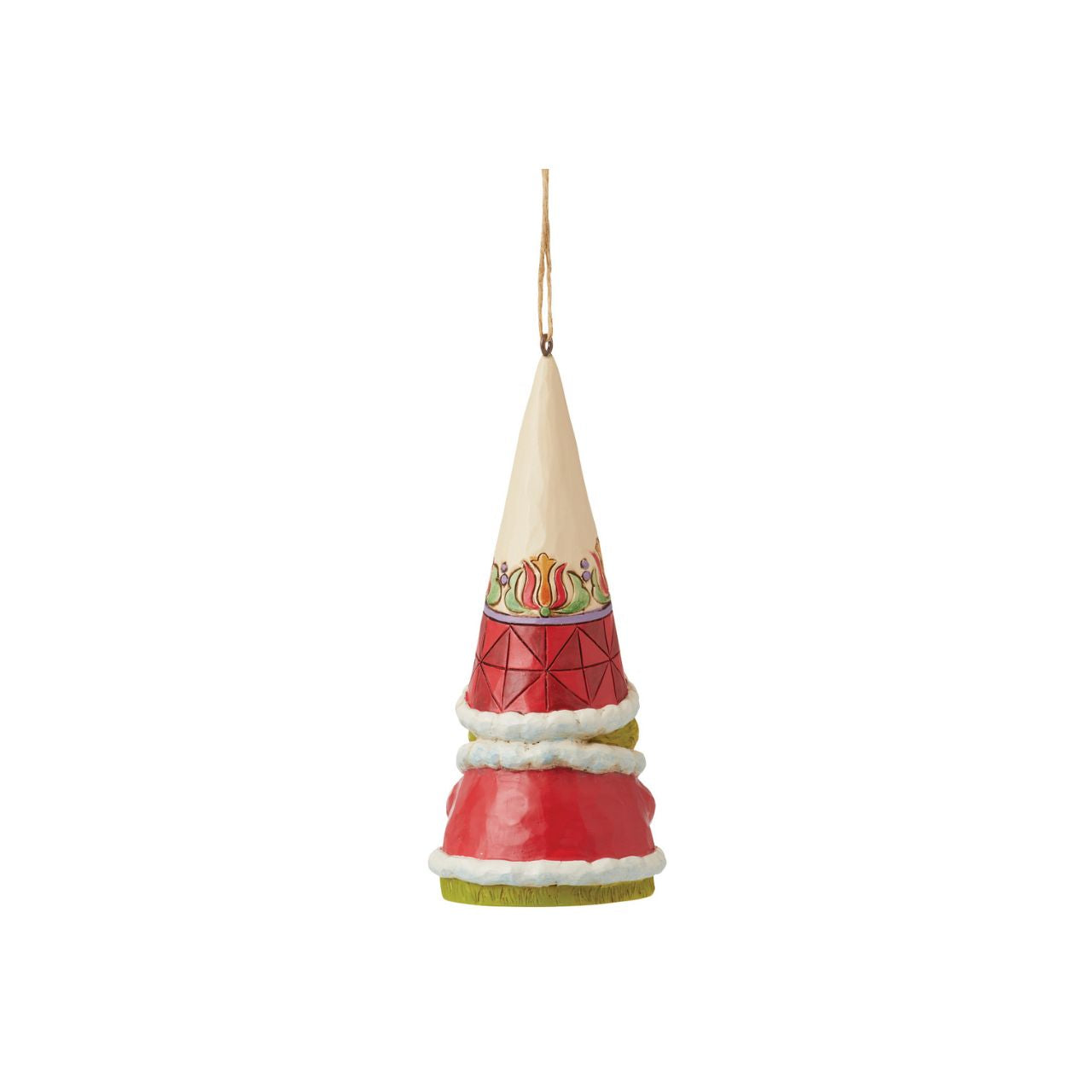 Known for his gnomes, Jim Shore presents his newest garden guardian crafted with Dr. Seuss flair. Wearing a flower adorned Santa hat, this Grinch ornament folds his hands mischievously as he plots to steal all the presents under the tree.
