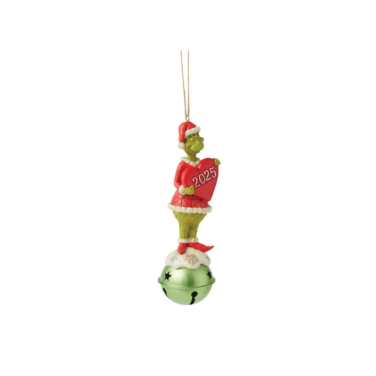 Perched atop a gleaming jingle bell, the Grinch grins in his Santa suit, holding a heart marked with the year 2025. This festive Jim Shore ornament reminds us to live in the moment and create holiday moments worth remembering for years to come.