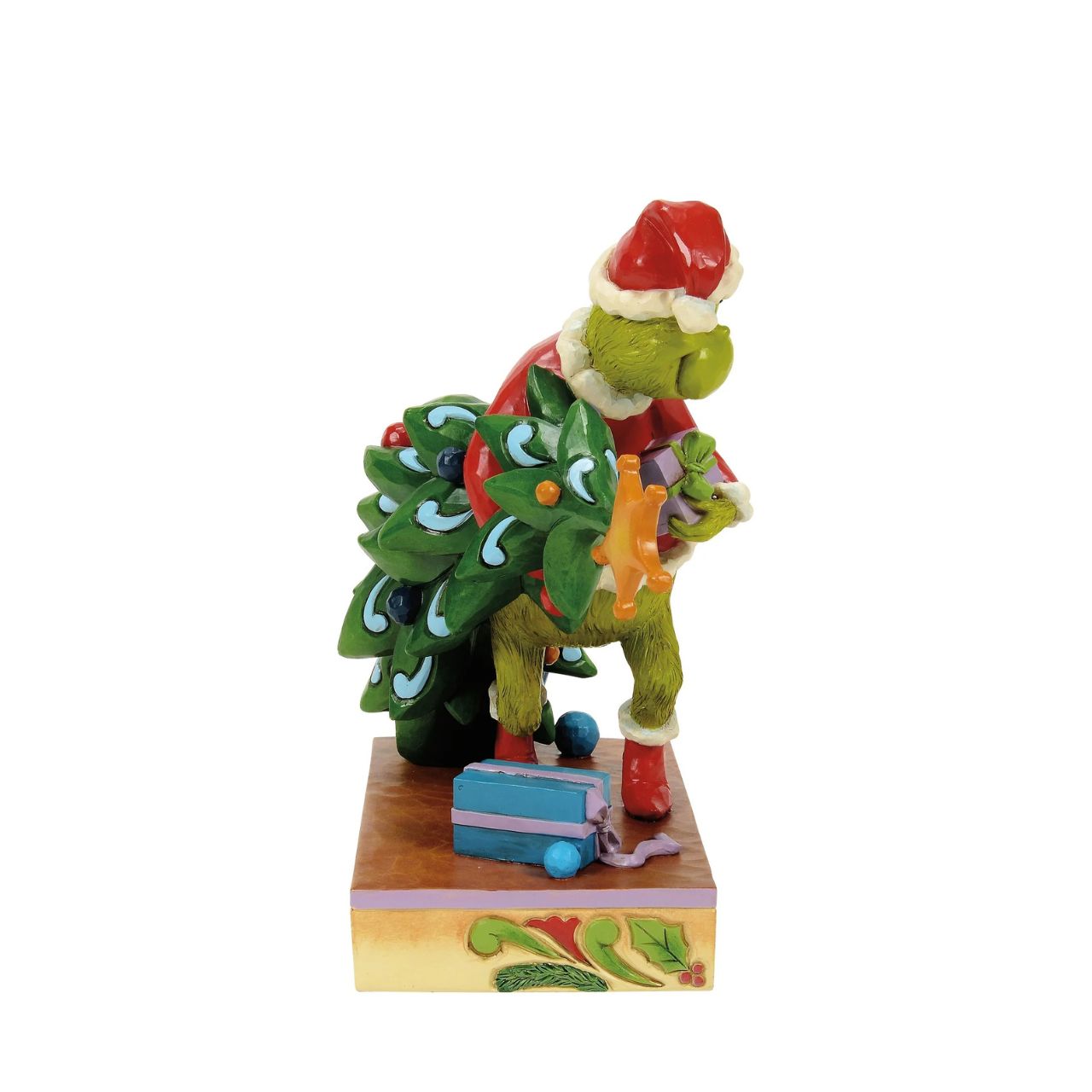 Dressed as Santa, The Grinch has arrived to steal Christmas. He grabs the tree and tiptoes away from the crime scene. Intricate patterns and vibrant colours highlight the curmudgeon's mischievous spirit, bringing humour and artistry to your home.
