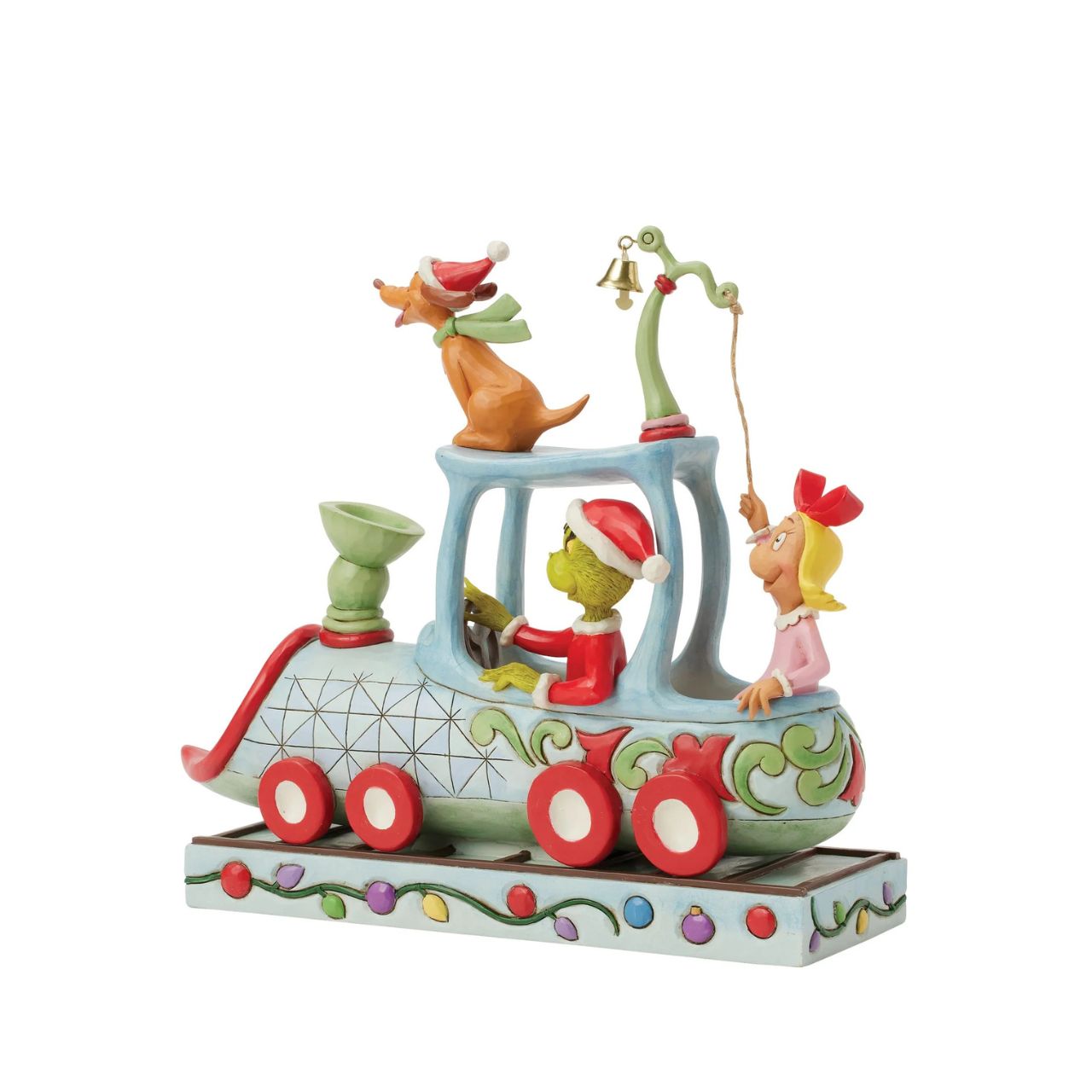 All aboard the Grinchy Express. In this charming Jim Shore creation, The Grinch steers a train engine adorned with delightful floral rosemaling. Max rides on top while Cindy Lou rings a real bell, bringing Seuss's classic tale to life with sound.
