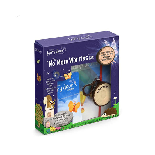 Irish Fairy Door ‘No More Worries’ Kit by Tipperary  The ‘No More Worries’ Kit is the perfect way to express your feelings and give your worries away.  Place your thumb on the included ‘No More Worries’ Mini Plaque and think of your worry. When it glows red, the fairies are listening. When it turns green, you know they have taken your worry away!