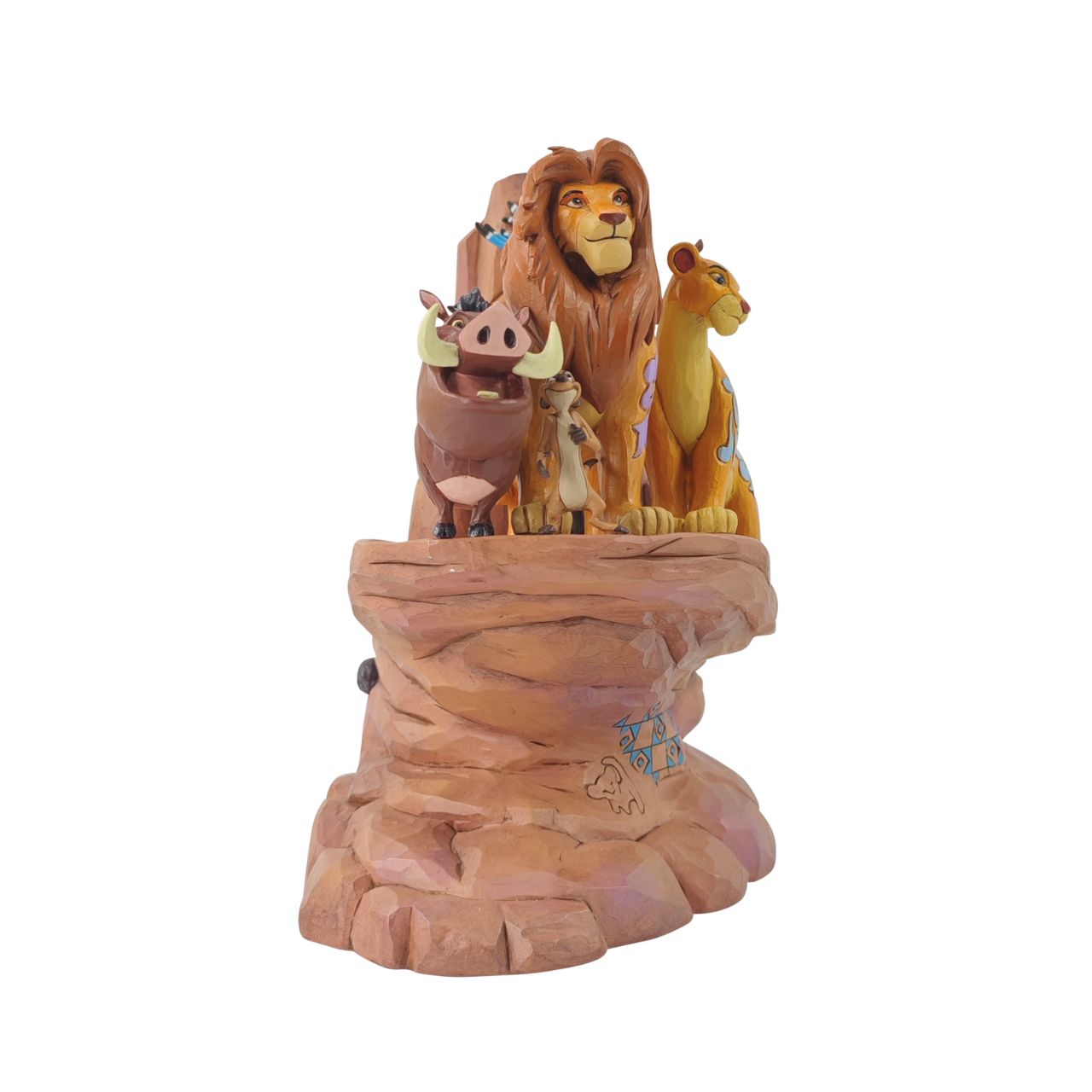 This incredible creation by Jim Shore celebrates the 30th anniversary of Disney's beloved 1994 film, The Lion King. With patchwork patterning and Rafiki's Simba drawing, Pride Rock looks stately as the main characters stand upon the stage.