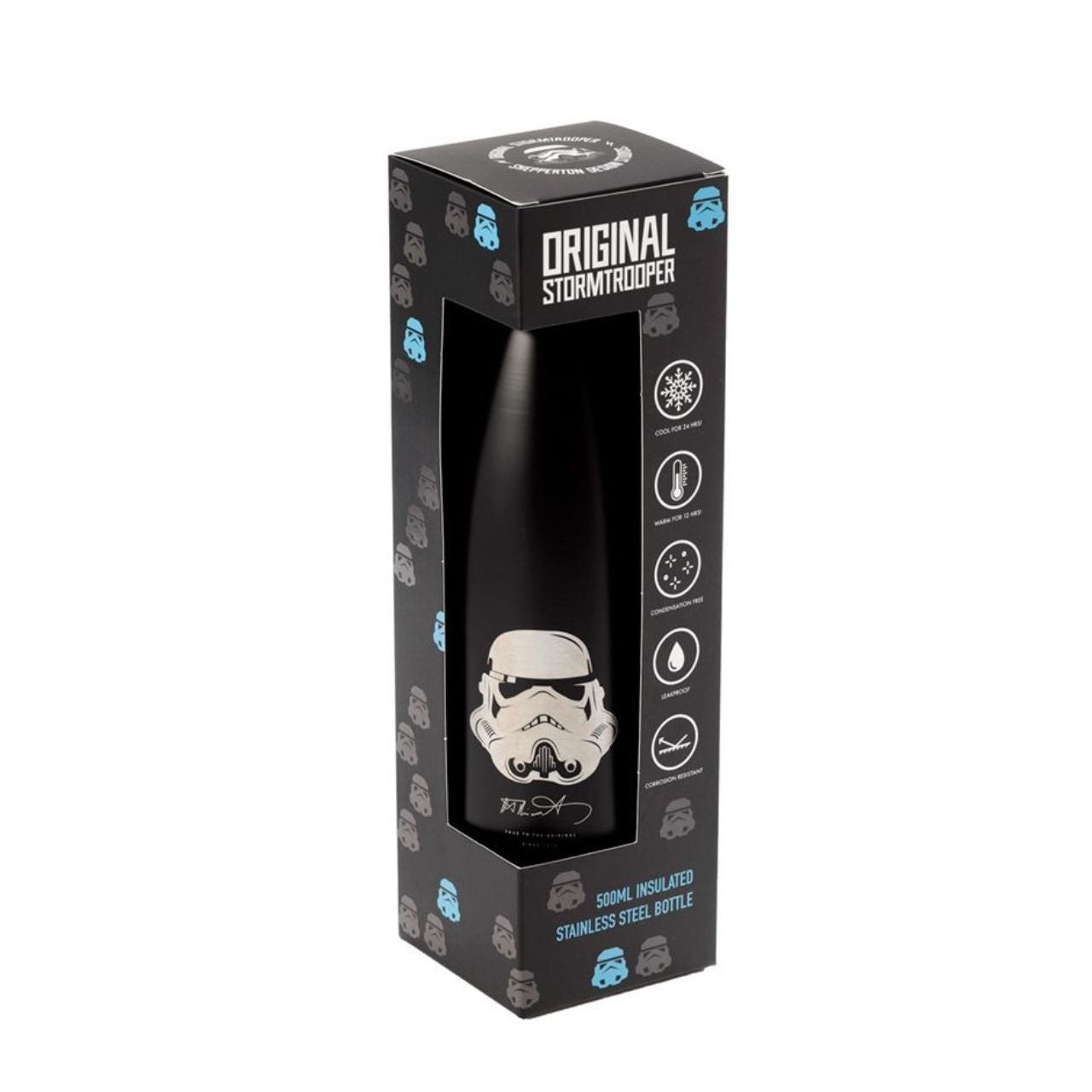 Designed for fans of the iconic Stormtrooper, this hot and cold drinks bottle keeps beverages at the perfect temperature with a 500ml capacity. A must-have for on-the-go hydration and showcasing your love for the Empire. Stay refreshed and stay loyal with this sleek black bottle.