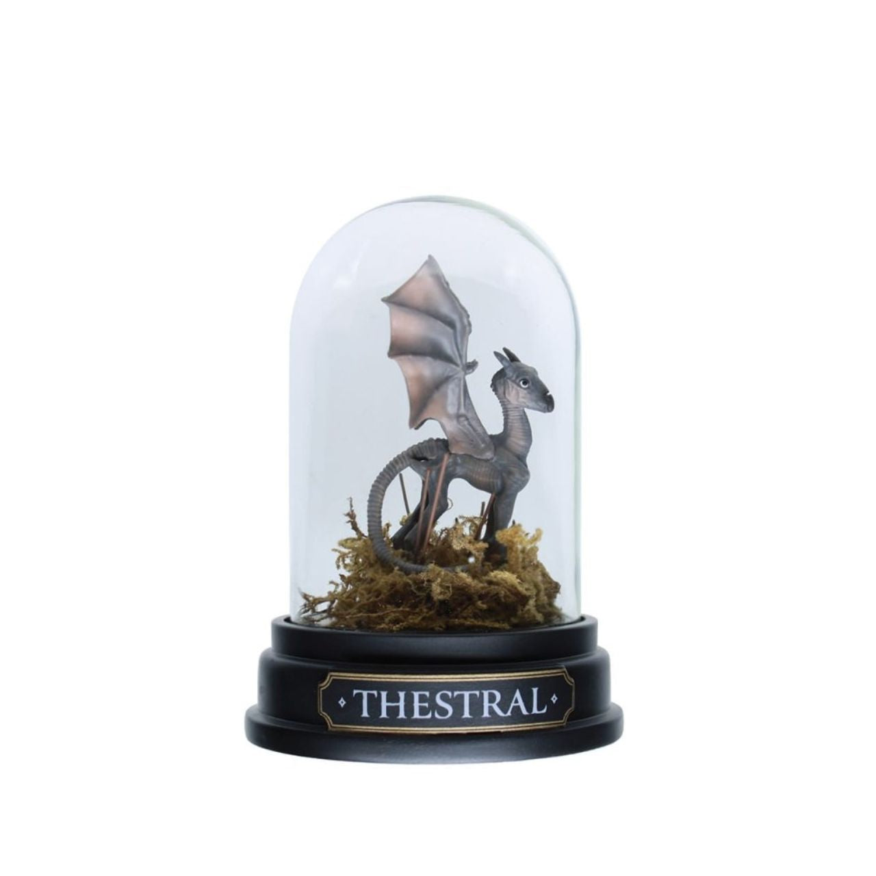 This winged Thestral symbolizes the beauty of life and death in the Wizarding World with its connection to the afterlife. Delve into the mysteries of the magical world with this miniature sculpted and hand-painted figure elegantly displayed under a clear glass dome