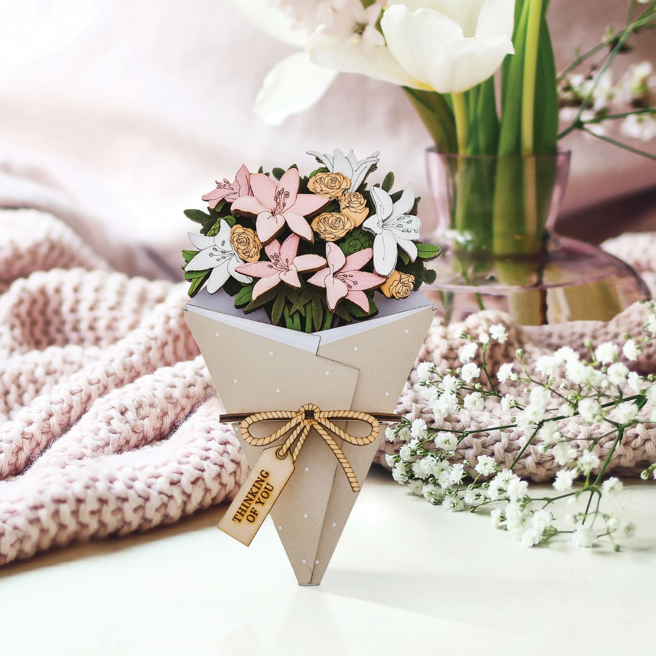 Surprise and delight someone with a beautiful bouquet figural card - Send them loads of love through the post with our letterbox inspired 3D figurine card..