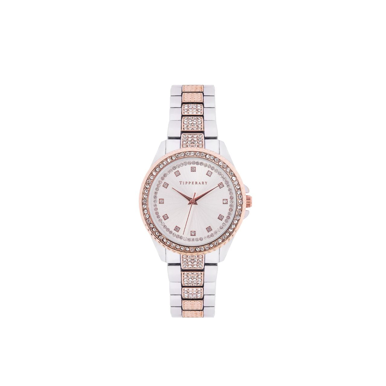 Crafted by the designers at Tipperary, the Americana Watch is a striking fusion of classic charm and modern sophistication. Its polished silver-tone case is framed by a rose gold bezel, adorned with shimmering silver crystals for an added touch of glamour.