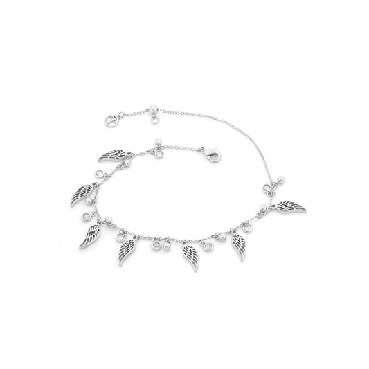 Embrace celestial elegance with this exquisite Angel Wing bracelet from Tipperary. Crafted in gleaming silver, this piece combines delicate angel wing detailing with a lustrous crystal ball accent, creating a harmonious blend of spiritual symbolism and refined beauty.