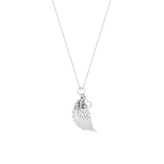 Embrace celestial elegance with this exquisite Angel Wing Heart Silver Pendant from Tipperary. Crafted with refined craftsmanship, the delicate design combines protective angel wings with a graceful heart, symbolizing love and spiritual guidance.