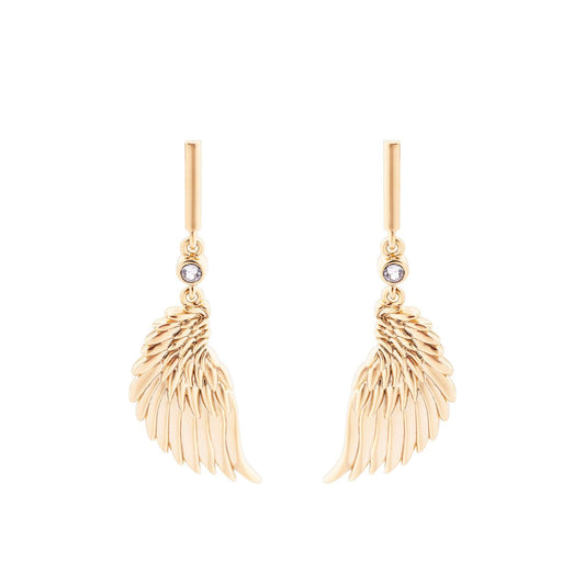 Add a touch of elegance to any outfit with the Tipperary Angel Wing Mini Gold Earring Bar &amp; Crystal. These stunning earrings feature delicate angel wing design in gold, accented with sparkling crystals. Perfect for any occasion, these earrings are a must-have for any fashion-forward individual.