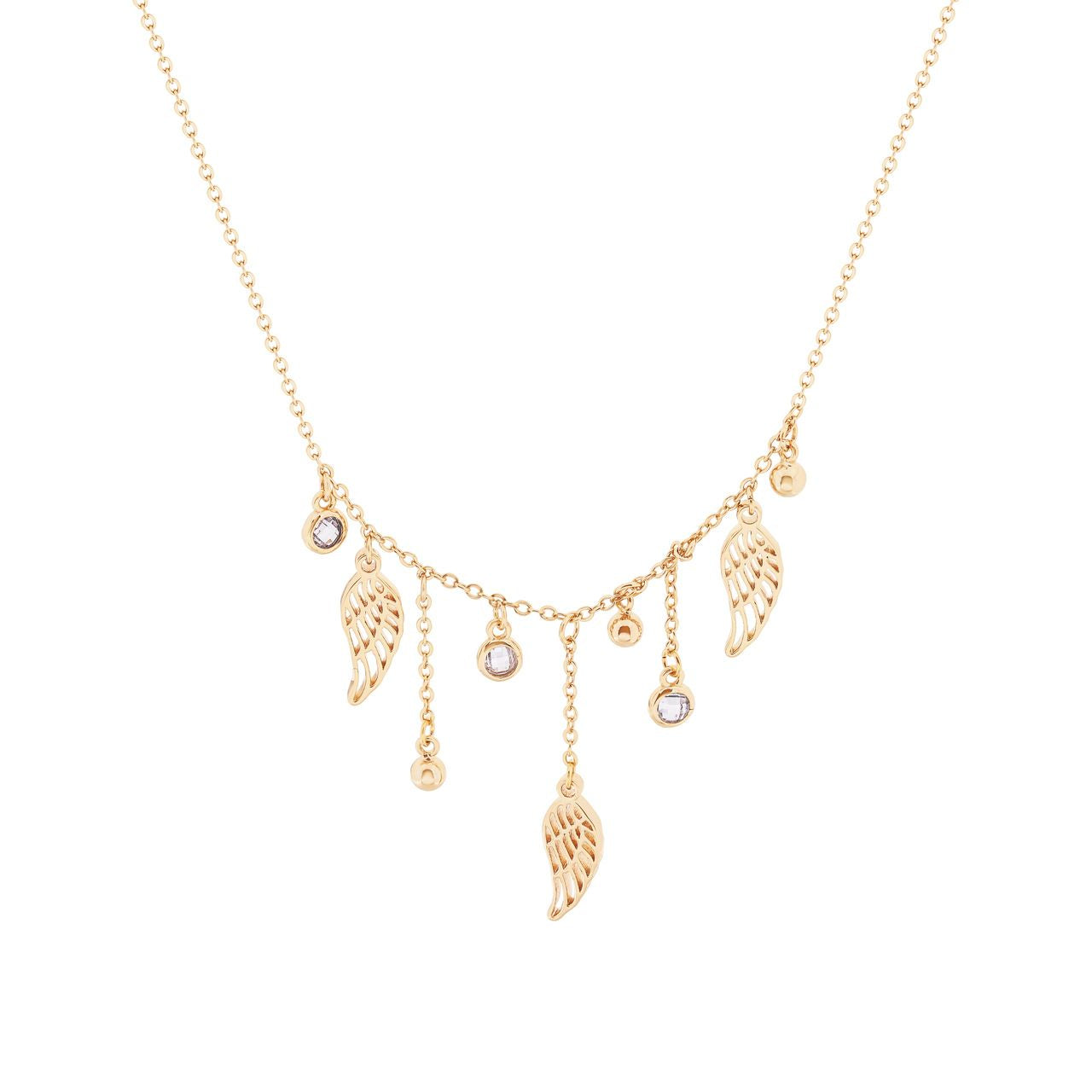 This exquisite Tipperary Angel Wings Ball &amp; Crystal Gold Pendant is an elegant addition to any wardrobe. Crafted with precision, the gold pendant showcases intricate angel wings and a dazzling crystals. Perfect for any occasion, this pendant adds a touch of sophistication and timeless charm to any outfit.