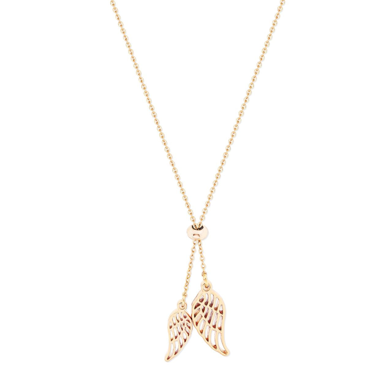 Experience a touch of angelic elegance with the Tipperary Angel Wings Bolo Chain Gold Pendant. Made by Tipperary, this pendant features delicate angel wings and is crafted in timeless gold. Elevate your style and add a touch of divine inspiration to any outfit.