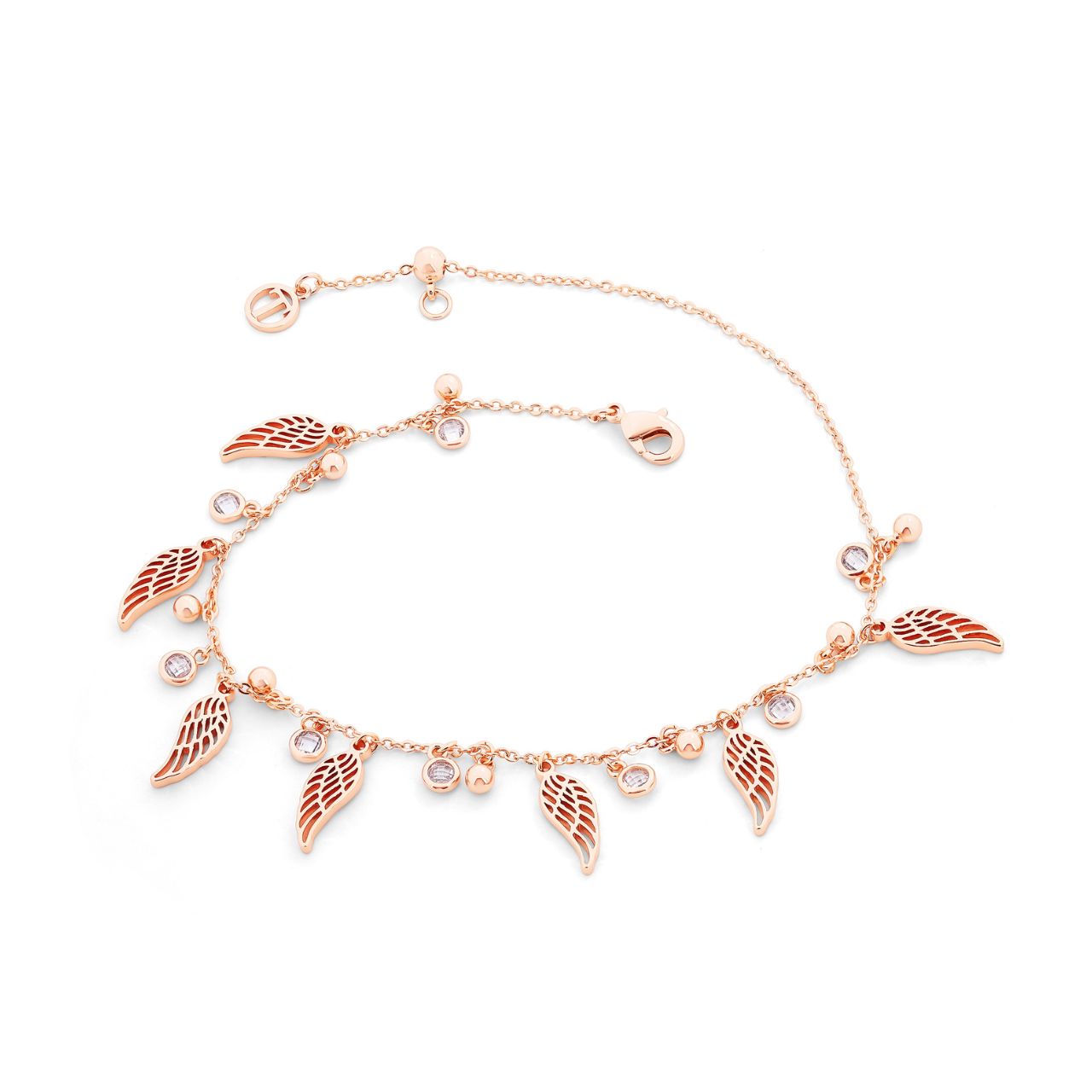 Elevate your style with the Tipperary Angel Wings Bracelet Ball &amp; Crystal Chain Rose Gold. Crafted with delicate angel wings, a sparkling crystal chain, and a charming ball charm, this elegant bracelet adds a touch of sophistication to any outfit.