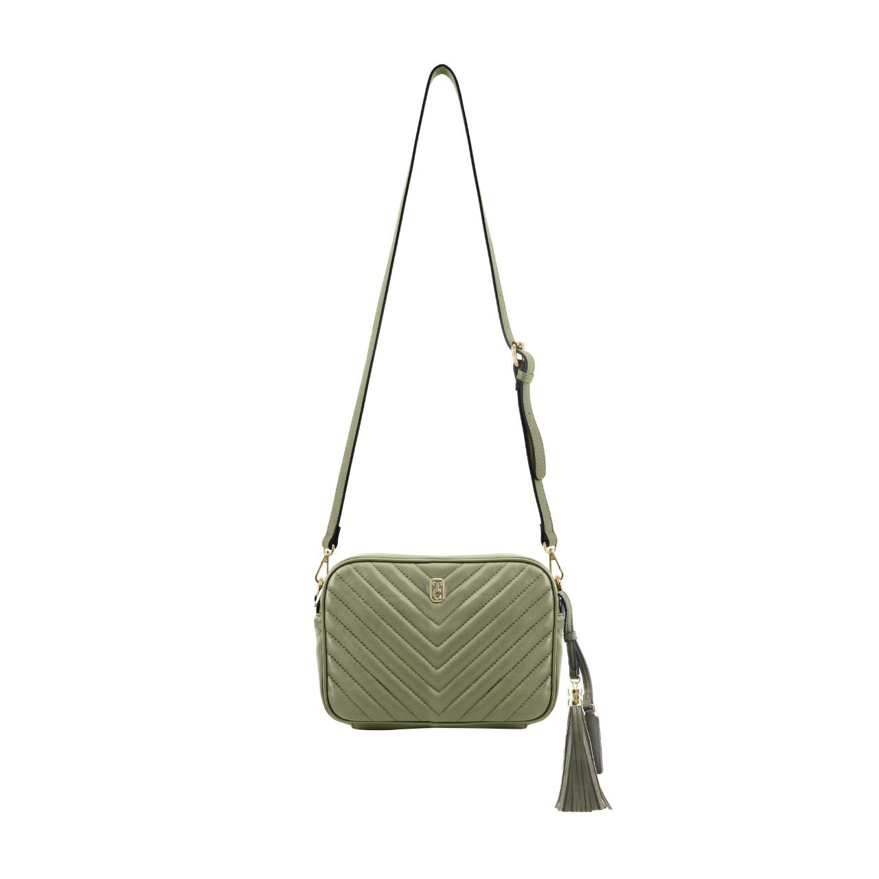 The Avignon Camera Bag is made from Vegan Friendly PU leather and has a quilted Chevron design in Olive Green.
