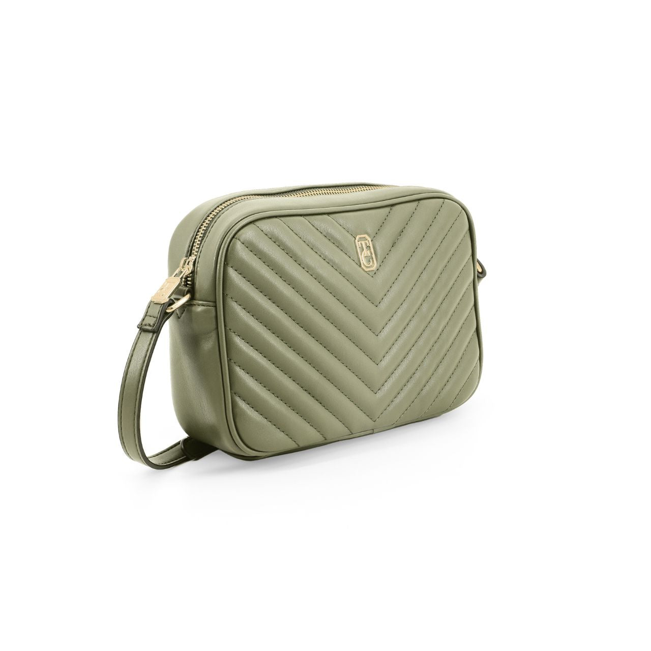 The Avignon Camera Bag is made from Vegan Friendly PU leather and has a quilted Chevron design in Olive Green.