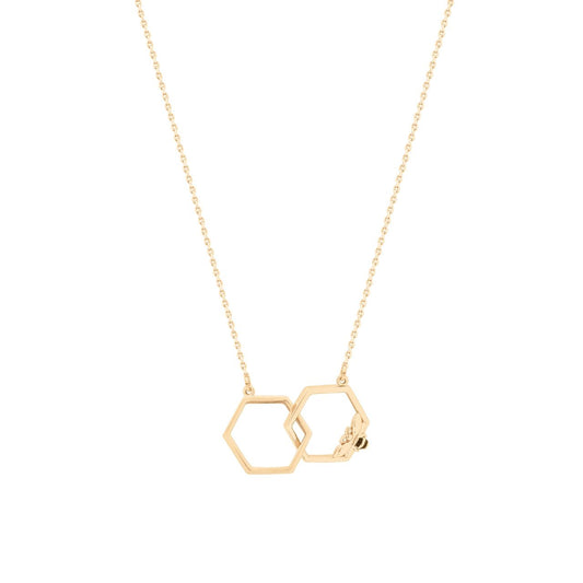 Elevate your elegance with the Tipperary Bee Gold Hexagonal Infinity Pendant. This refined piece features a hexagonal design symbolizing harmony and balance, accented with a delicate bee motif that embodies diligence and grace.