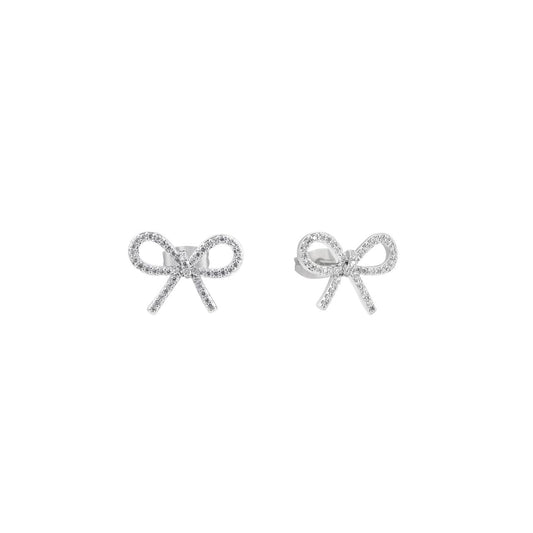 The Tipperary Bow CZ Bow Earrings in Silver feature expert craftsmanship with sparkling cubic zirconia set in a delicate bow design.