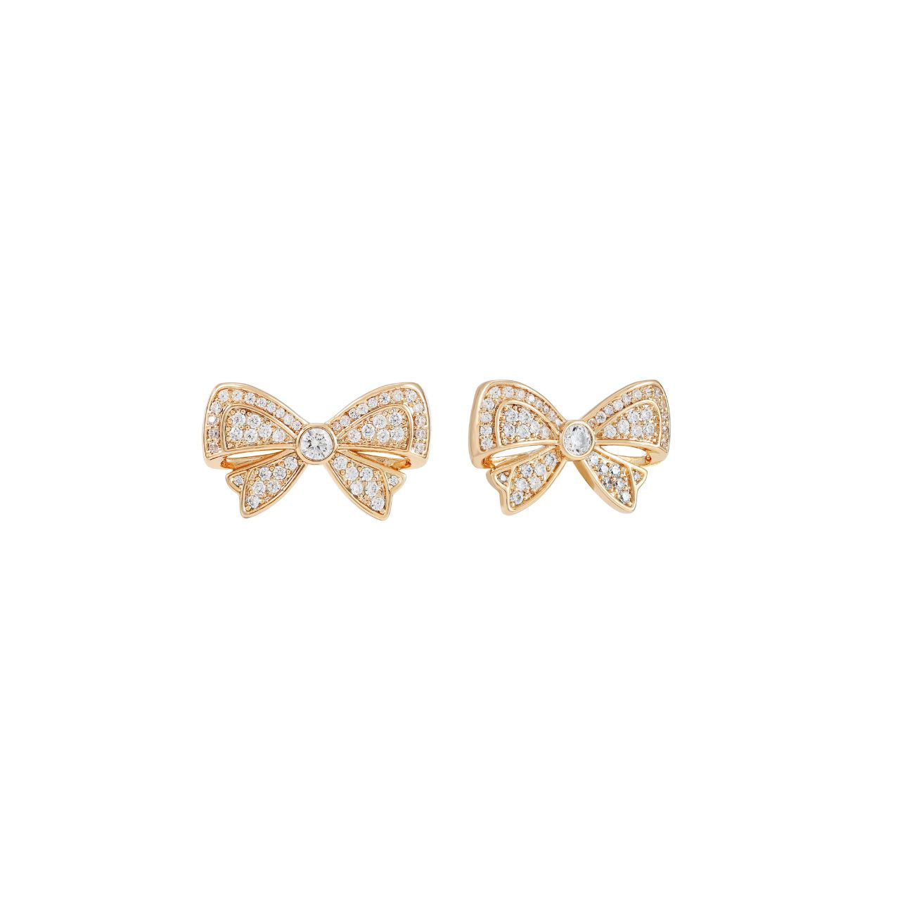 Elegant double bow earrings crafted in gold plated with sparkling cubic zirconia insets. These charming studs combine classic design with contemporary sparkle, perfect for adding a touch of sophistication to any occasion.