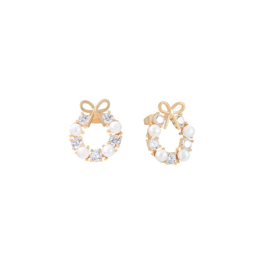 Elevate your elegance with the Tipperary Bow Pearl &amp; CZ Earrings in Gold. Expertly crafted, these earrings combine lustrous pearls with sparkling cubic zirconia accents, creating a refined accessory that complements both formal and everyday styles.
