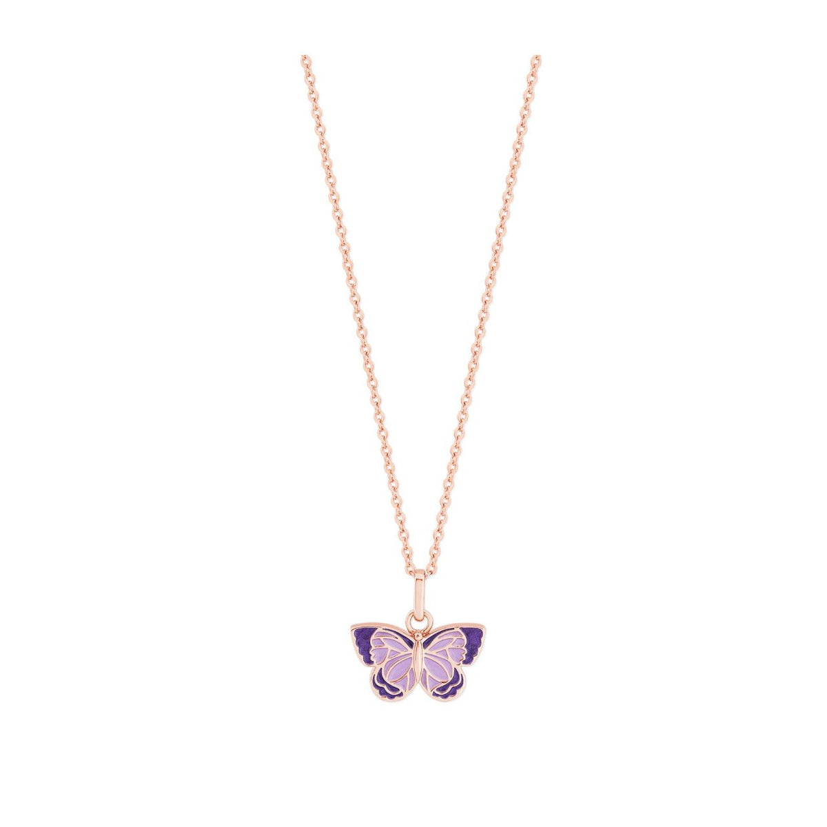 This exquisite piece consists of a polished rose gold butterfly filled with dark purple and lilac pearlescent enamel, it suspends from a shimmering rose gold 45cm cable chain with adjustable slider to get the perfect fit.