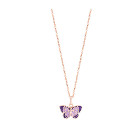 This exquisite piece consists of a polished rose gold butterfly filled with dark purple and lilac pearlescent enamel, it suspends from a shimmering rose gold 45cm cable chain with adjustable slider to get the perfect fit.