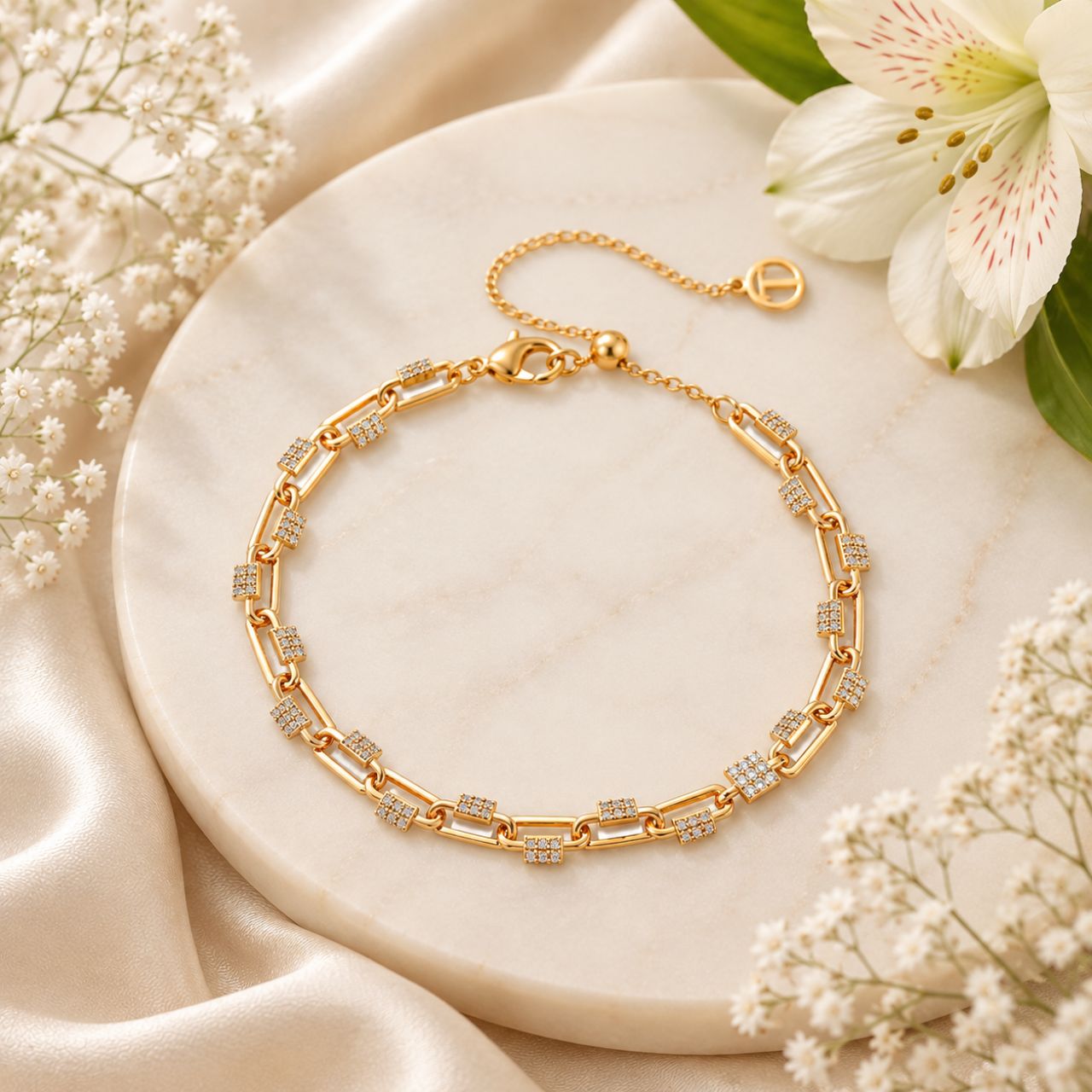 Elegant chain and pave bracelet crafted in lustrous gold plating. This Tipperary piece combines delicate chain links with sparkling pave detailing for a sophisticated look that transitions seamlessly from day to evening wear.