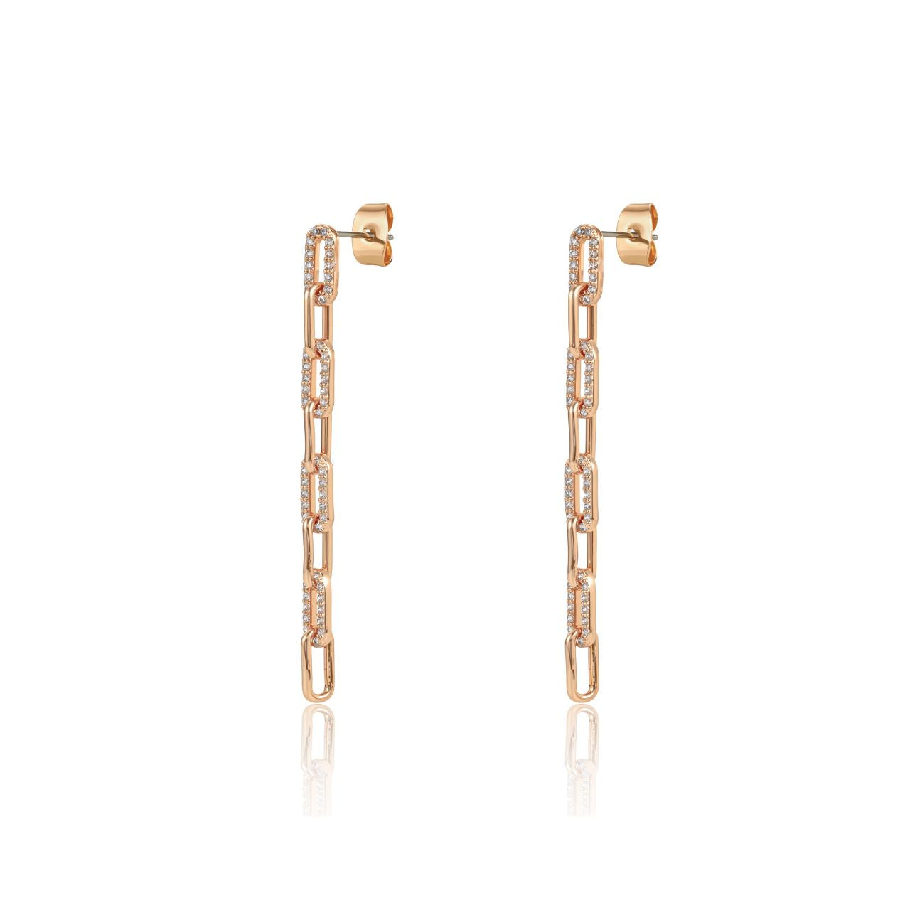 Elegant drop earrings featuring delicate chain detailing and sparkling pave crystals in warm gold tones.