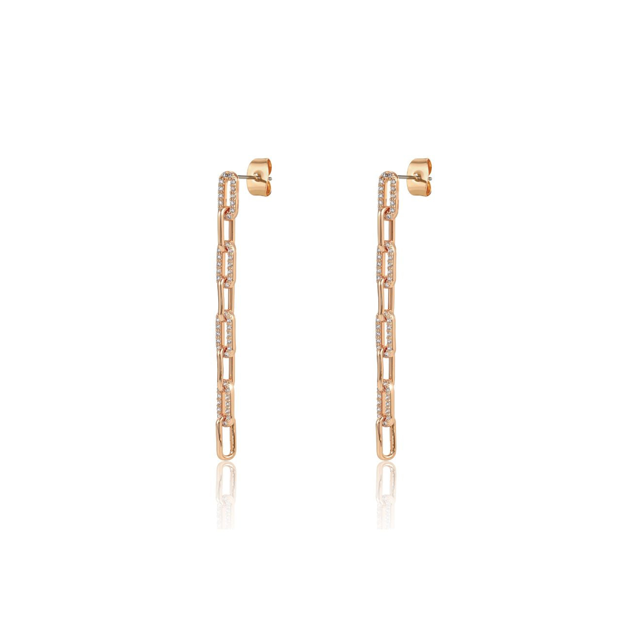 Elegant drop earrings featuring delicate chain detailing and sparkling pave crystals in warm gold tones.