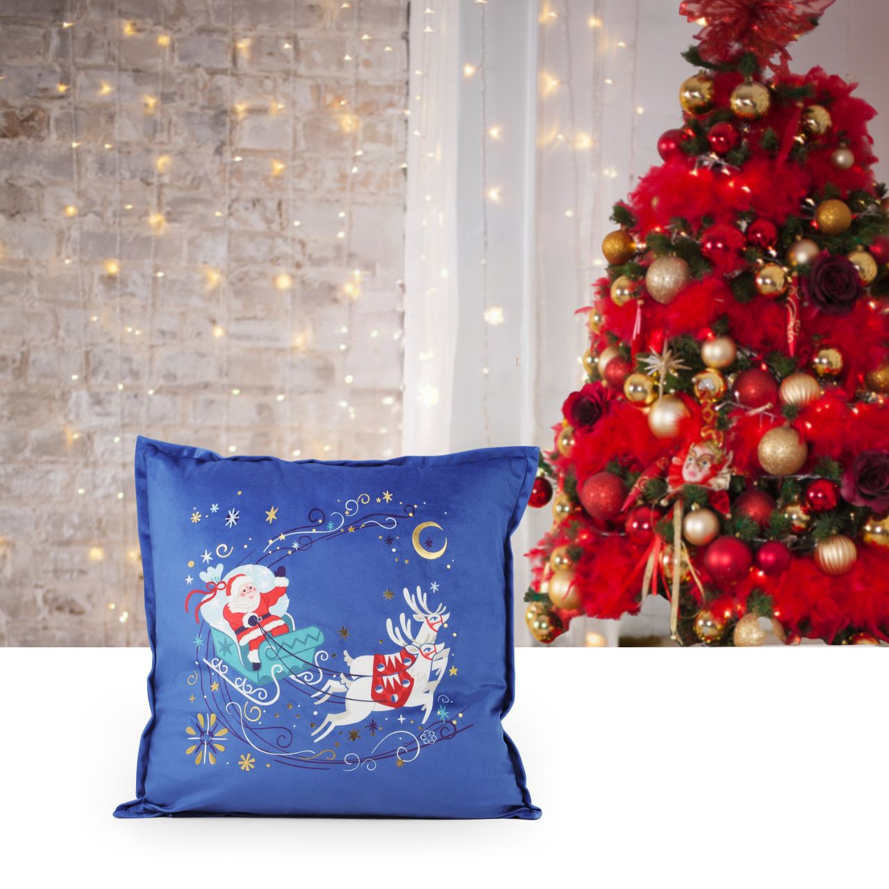 Christmas Cushion - Santa on Sleigh by Tipperary Crystal  Gather your loved ones for a holiday celebration to remember. We just Love Christmas! The festive season, the giving of gifts, creating memories and being together with family and loved ones. Have lots of fun with our lovingly designed and created Christmas decorations, each one has a magic sparkle of elf dust!