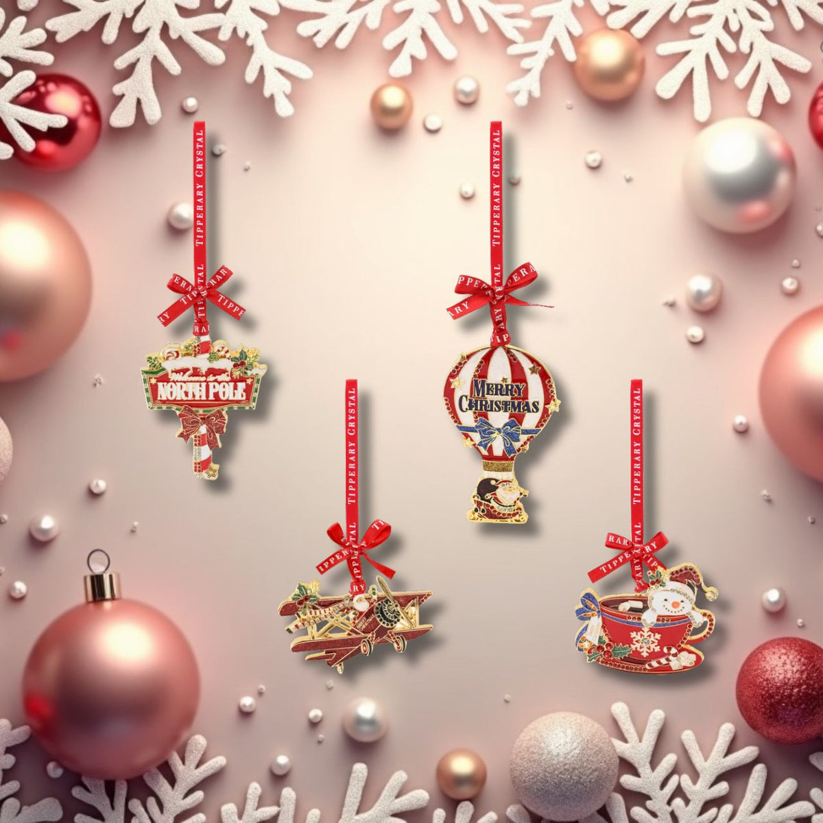 Elevate your festive display with this enchanting set of four Christmas decorations, each capturing the magic of the season. Featuring a charming North Pole landmark, delicate teacup, whimsical biplane, and graceful balloon sleigh, these pieces bring nostalgic wonder to any home.