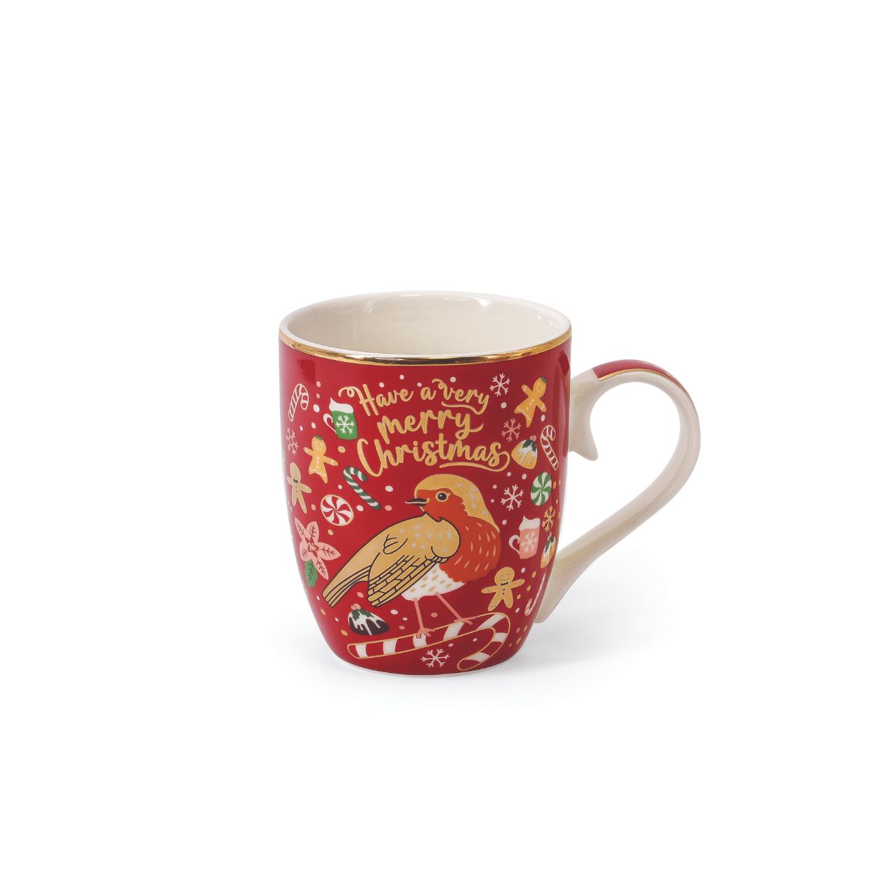 Christmas Robin Set of 4 Mugs by Tipperary  This set of four festive mugs will add seasonal cheer to your kitchen. Crafted from high-quality ceramic, each mug features a unique design of red and gold Christmas Robins. Enjoy your favourite hot beverage this holiday season with the Tipperary Christmas Robin Set of 4 Mugs.
