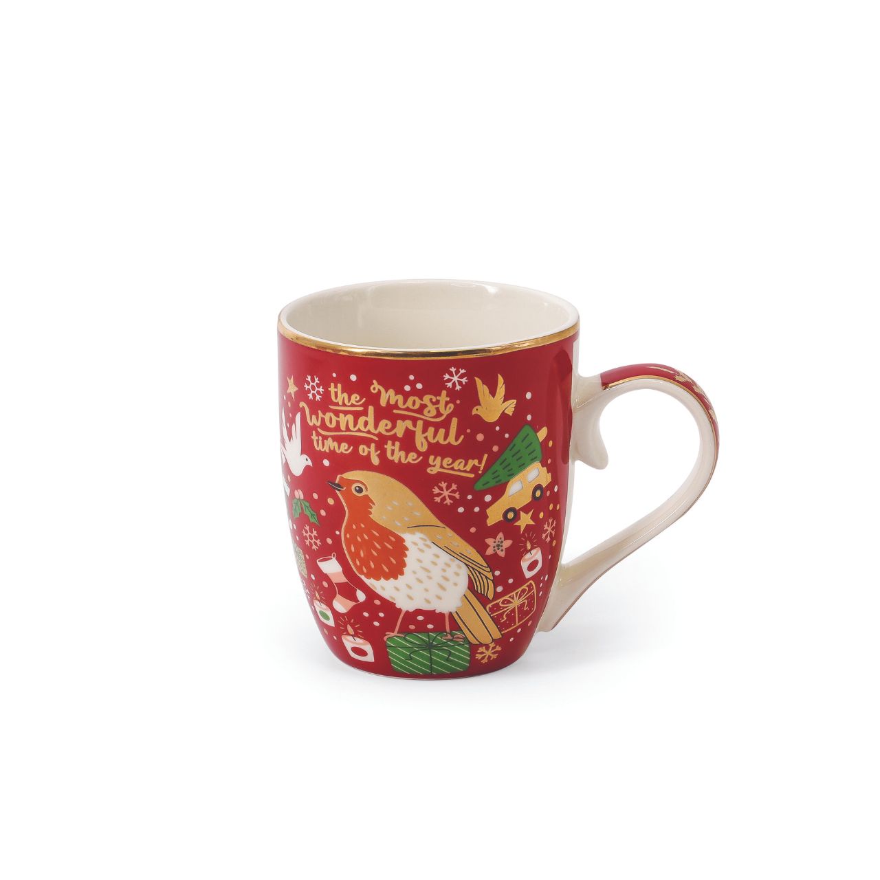 Christmas Robin Set of 4 Mugs by Tipperary  This set of four festive mugs will add seasonal cheer to your kitchen. Crafted from high-quality ceramic, each mug features a unique design of red and gold Christmas Robins. Enjoy your favourite hot beverage this holiday season with the Tipperary Christmas Robin Set of 4 Mugs.