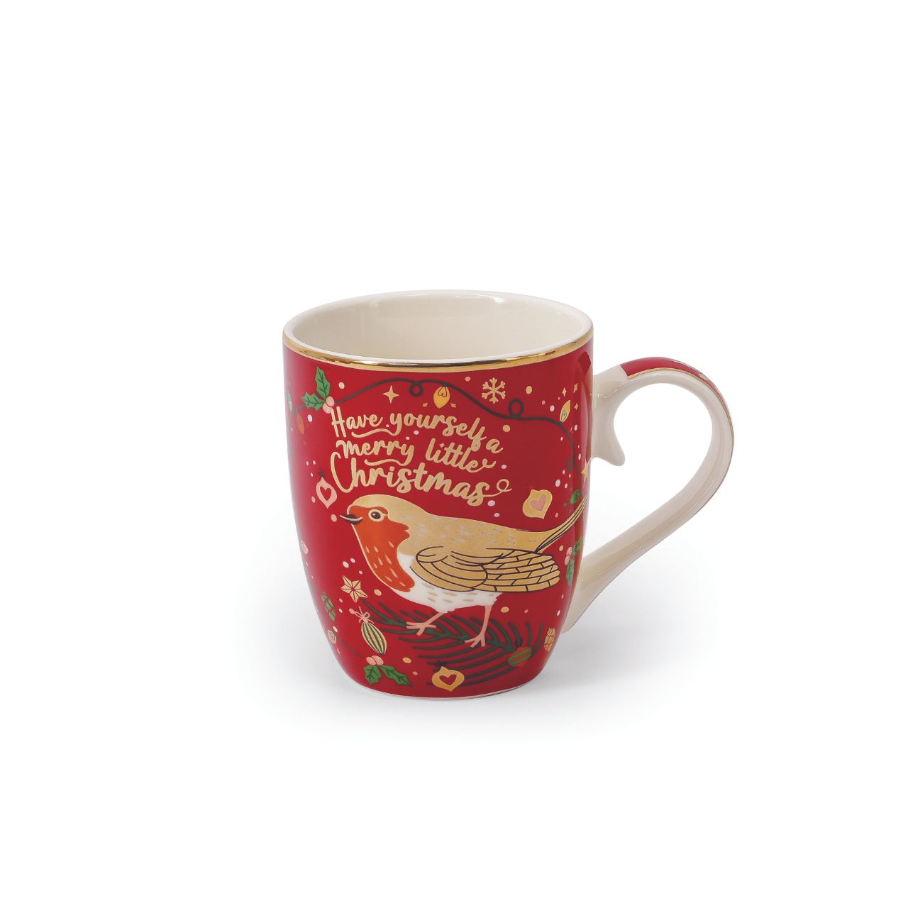 Christmas Robin Set of 4 Mugs by Tipperary  This set of four festive mugs will add seasonal cheer to your kitchen. Crafted from high-quality ceramic, each mug features a unique design of red and gold Christmas Robins. Enjoy your favourite hot beverage this holiday season with the Tipperary Christmas Robin Set of 4 Mugs.